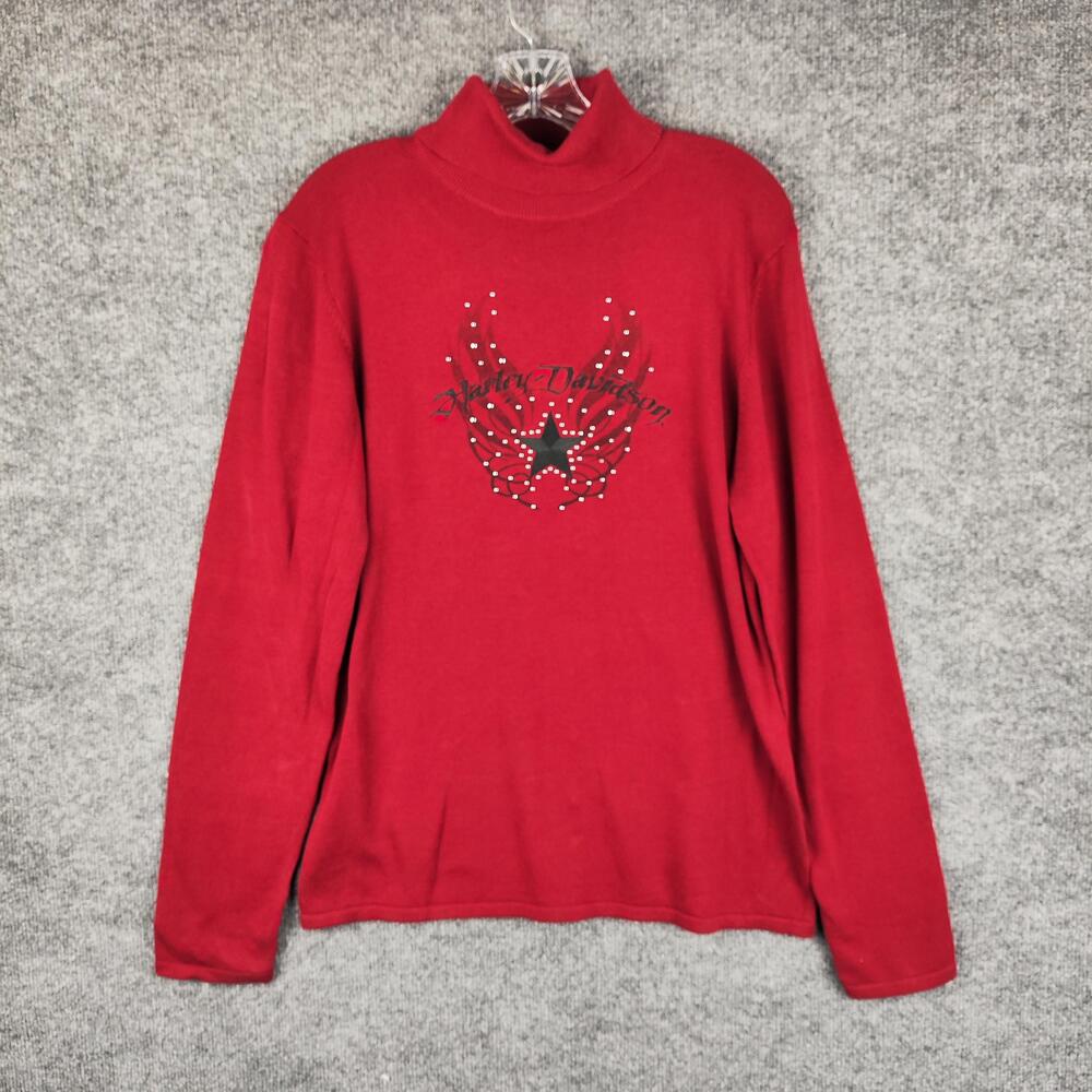 Harley-Davidson Sweater Womens XL Red Rhinestone Graphic Turtleneck Biker Knit